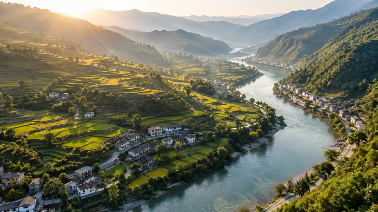 河谷阶地与两岸村落的高差航拍场景
