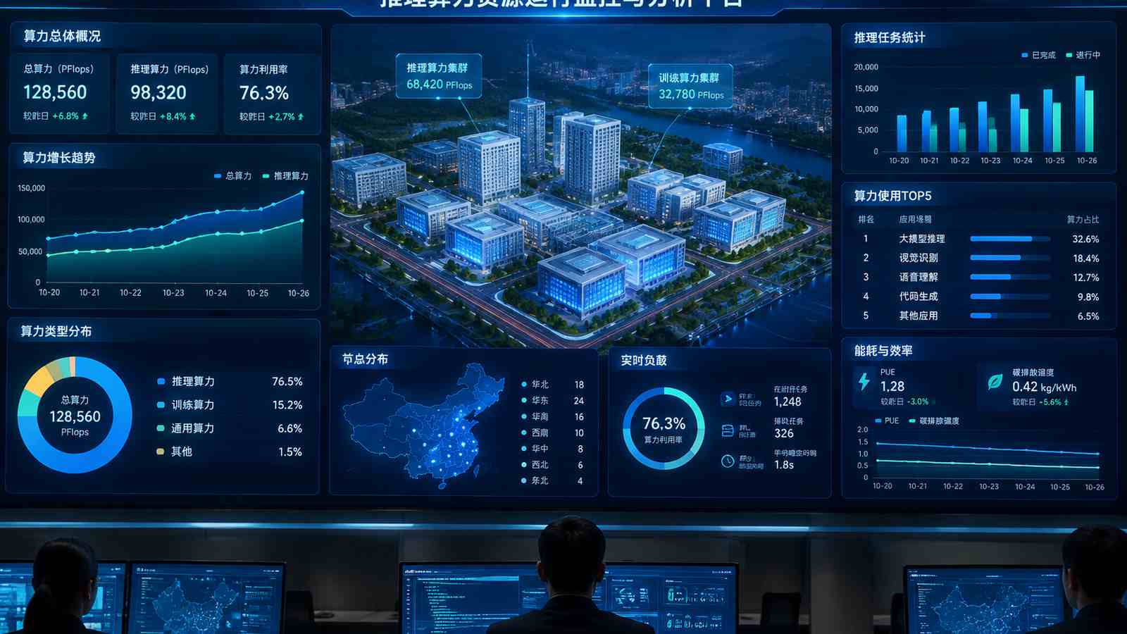 推理算力行业可视化大屏示意图，含三维模型与大屏标题、指标文字，为概念示意，不代表真实软件界面或真实数据
