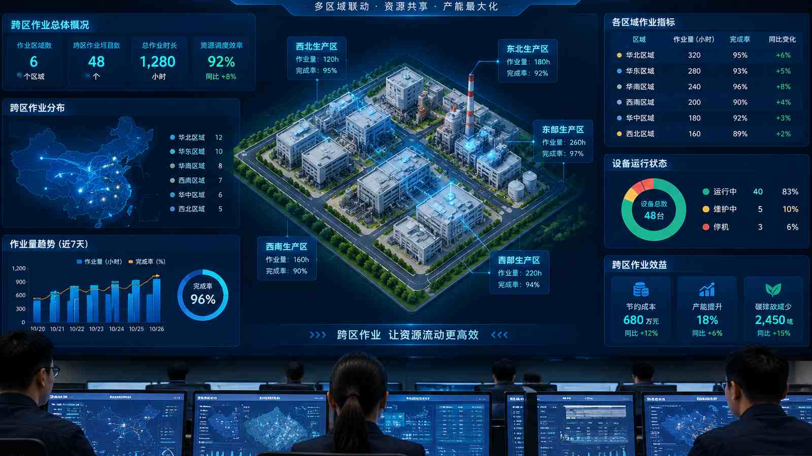 跨区作业行业可视化大屏示意图，含三维模型与大屏标题、指标文字，为概念示意，不代表真实软件界面或真实数据