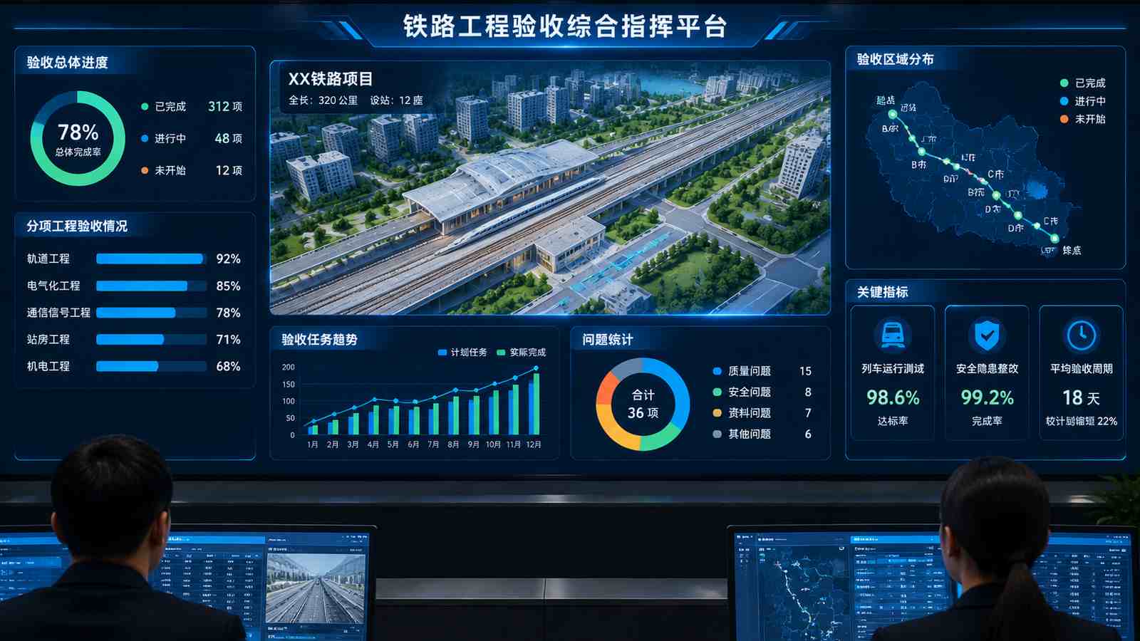 铁路验收行业可视化大屏示意图，含三维模型与大屏标题、指标文字，为概念示意，不代表真实软件界面或真实数据