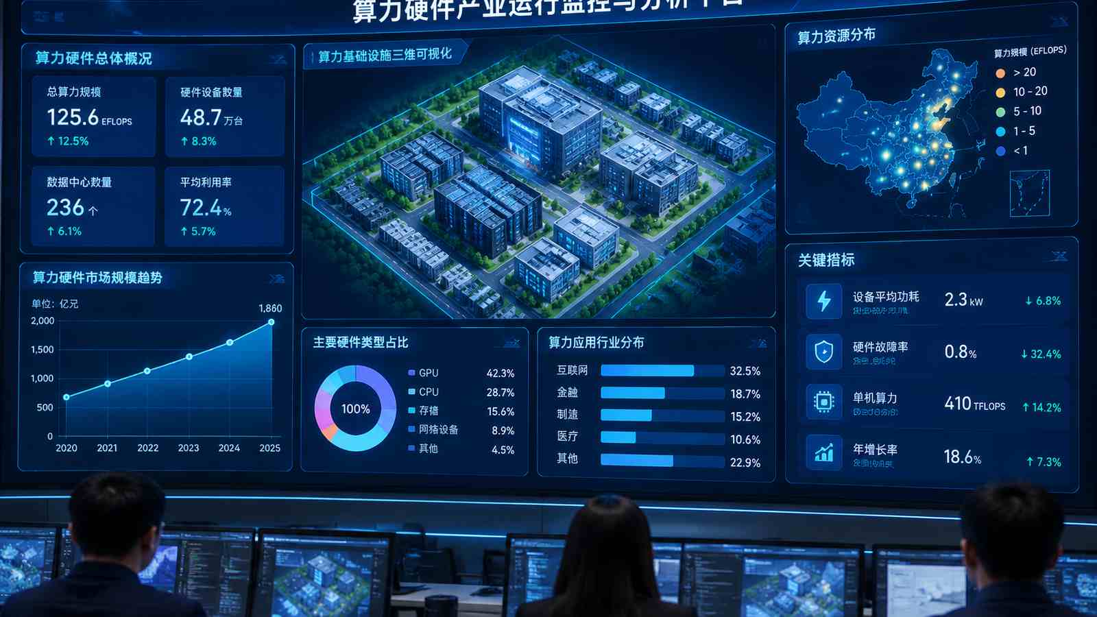 算力硬件行业可视化大屏示意图，含三维模型与大屏标题、指标文字，为概念示意，不代表真实软件界面或真实数据