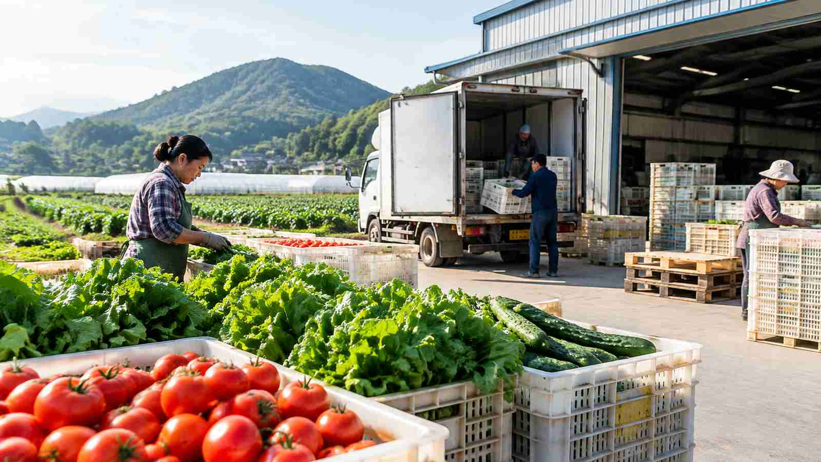 农产品风险业务现场的横向纪实构图，用于交代数据来源环境