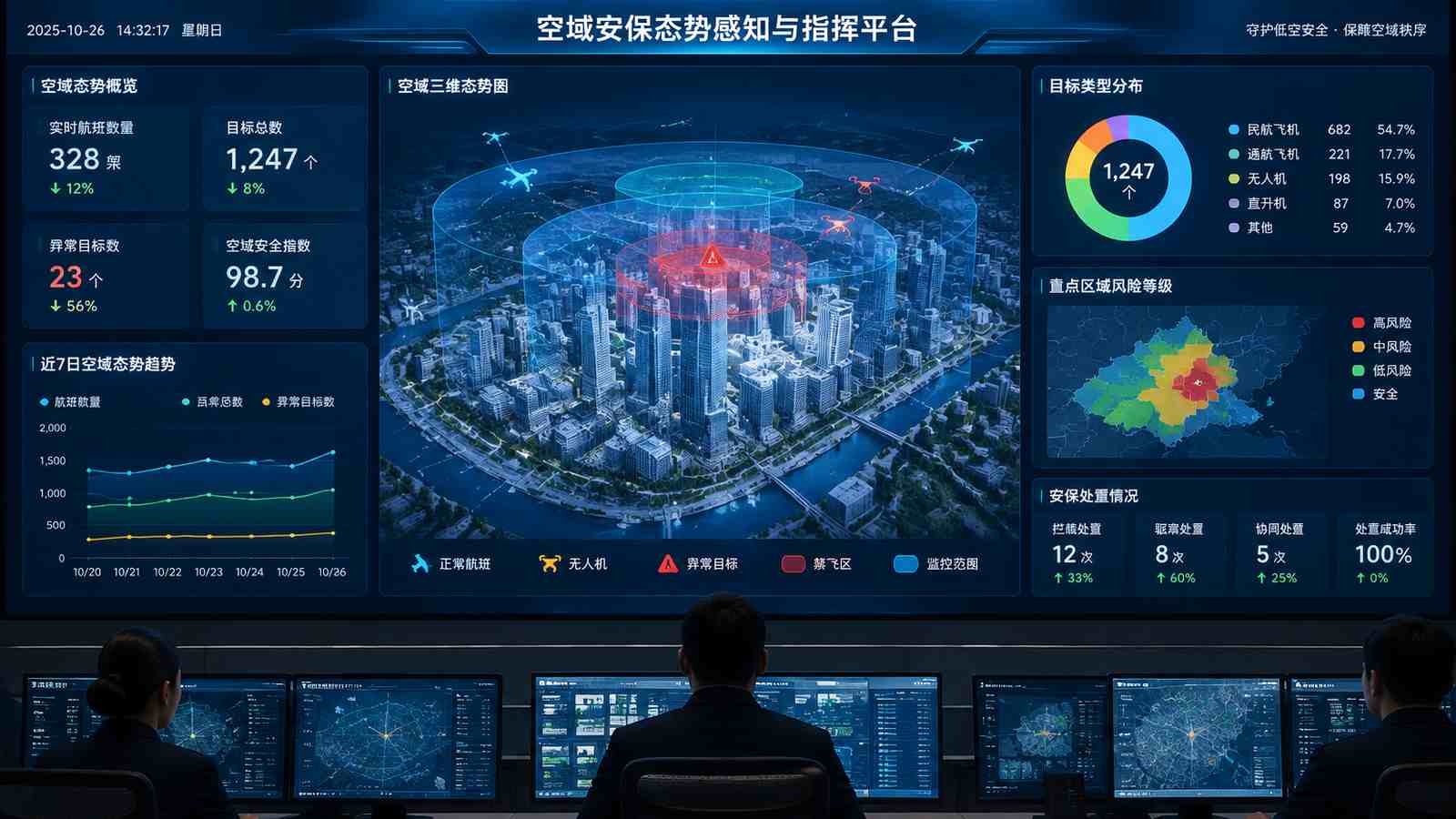 空域安保行业可视化大屏示意图，含三维模型与大屏标题、指标文字，为概念示意，不代表真实软件界面或真实数据