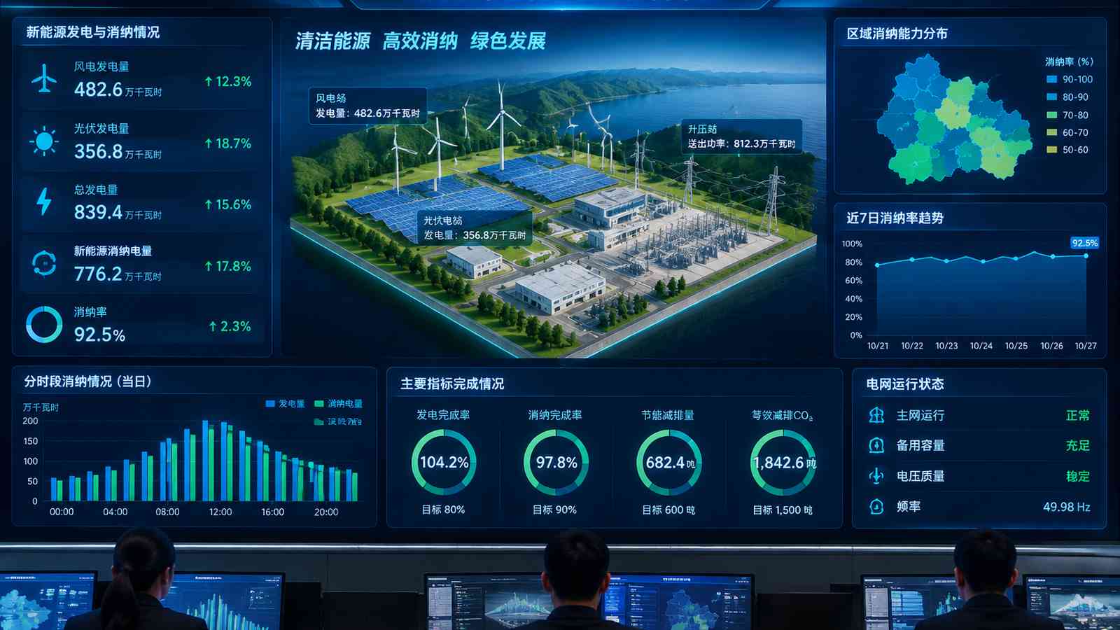 风光消纳行业可视化大屏示意图，含三维模型与大屏标题、指标文字，为概念示意，不代表真实软件界面或真实数据