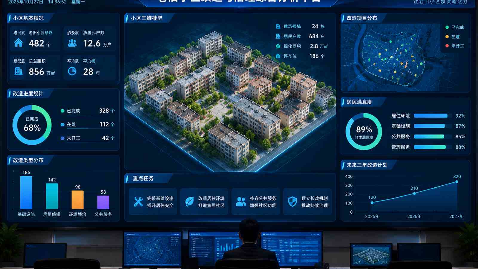 老旧小区行业可视化大屏示意图，含三维模型与大屏标题、指标文字，为概念示意，不代表真实软件界面或真实数据