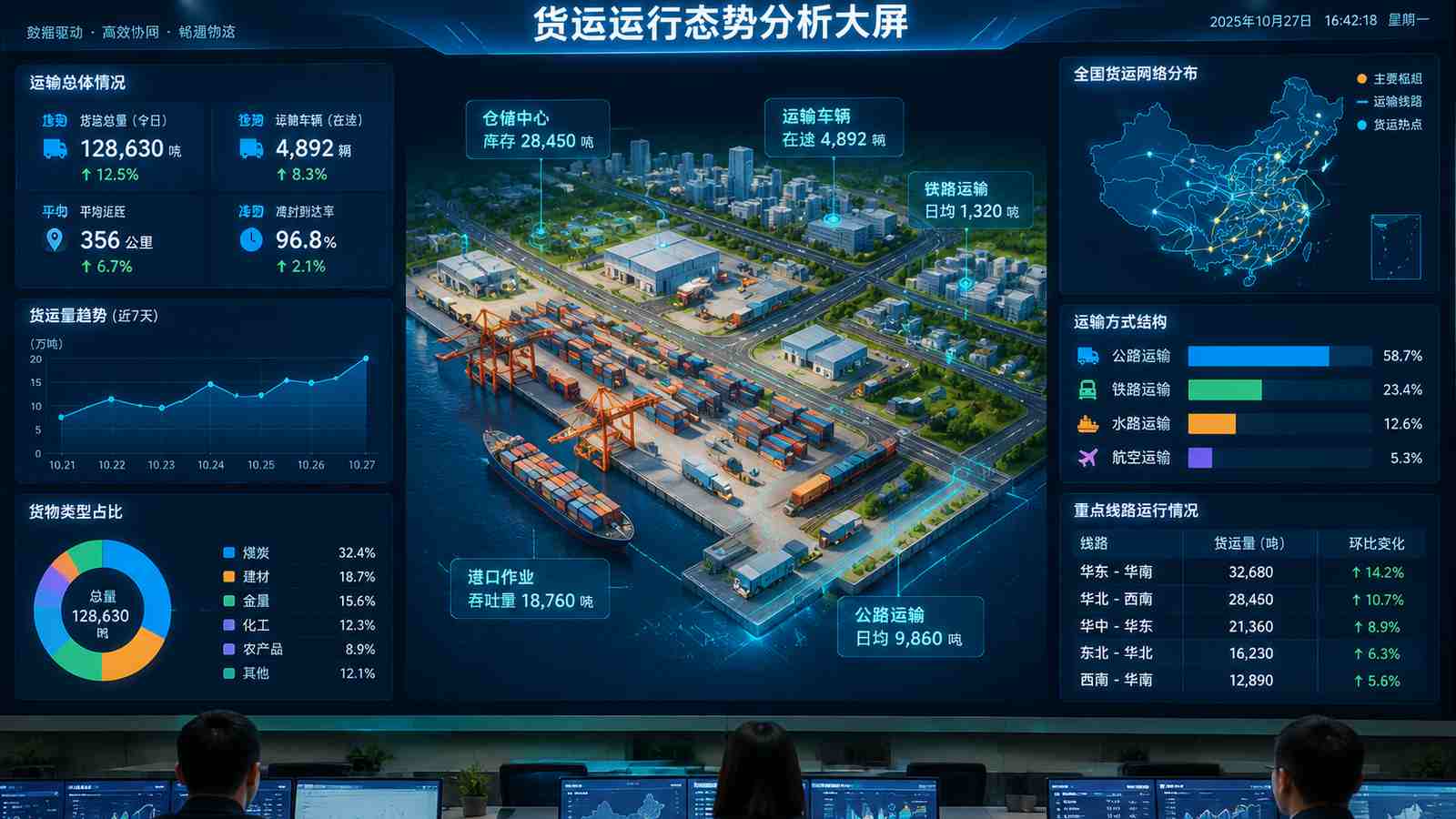 货运运行行业可视化大屏示意图，含三维模型与大屏标题、指标文字，为概念示意，不代表真实软件界面或真实数据