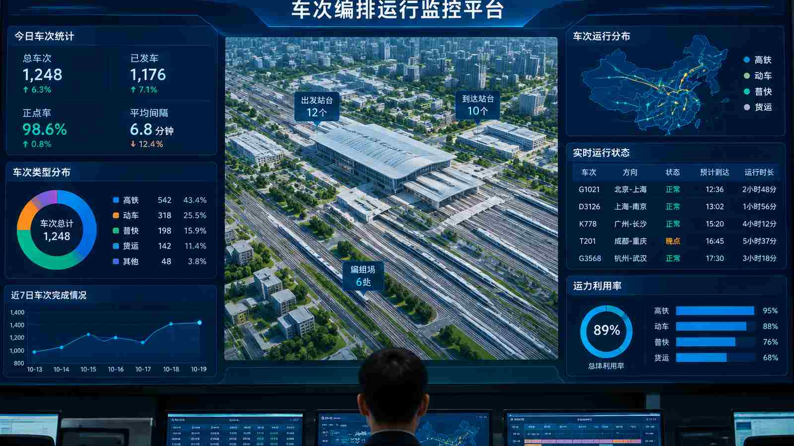 车次编排行业可视化大屏示意图，含三维模型与大屏标题、指标文字，为概念示意，不代表真实软件界面或真实数据