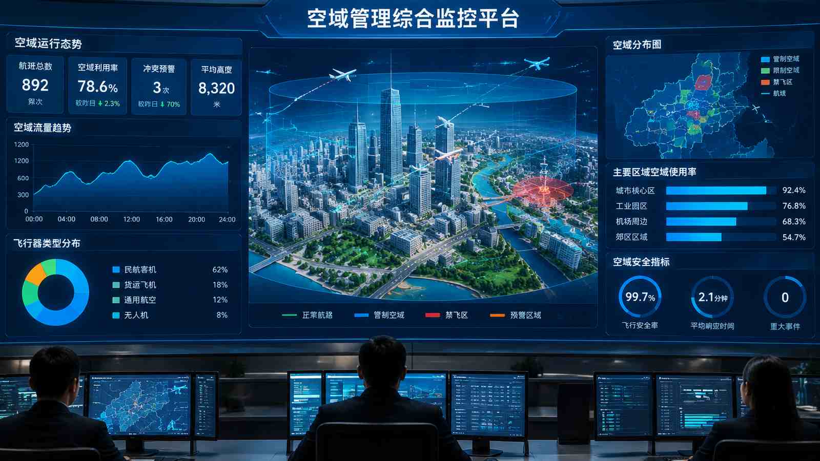 空域管理行业可视化大屏示意图，含三维模型与大屏标题、指标文字，为概念示意，不代表真实软件界面或真实数据
