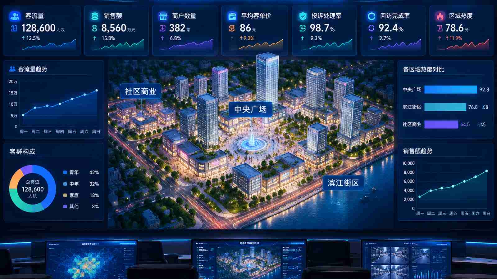 商圈运行行业可视化大屏示意图，含三维模型与大屏标题、指标文字，为概念示意，不代表真实软件界面或真实数据