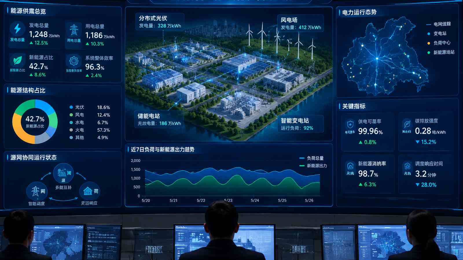 源网协同行业可视化大屏示意图，含三维模型与大屏标题、指标文字，为概念示意，不代表真实软件界面或真实数据