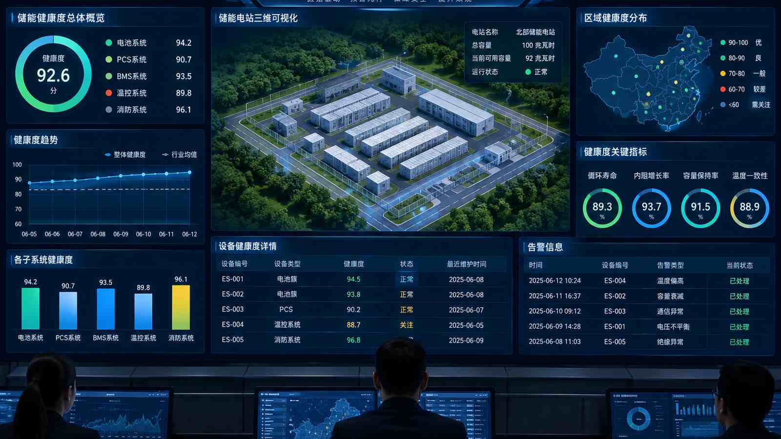 储能健康度行业可视化大屏示意图，含三维模型与大屏标题、指标文字，为概念示意，不代表真实软件界面或真实数据