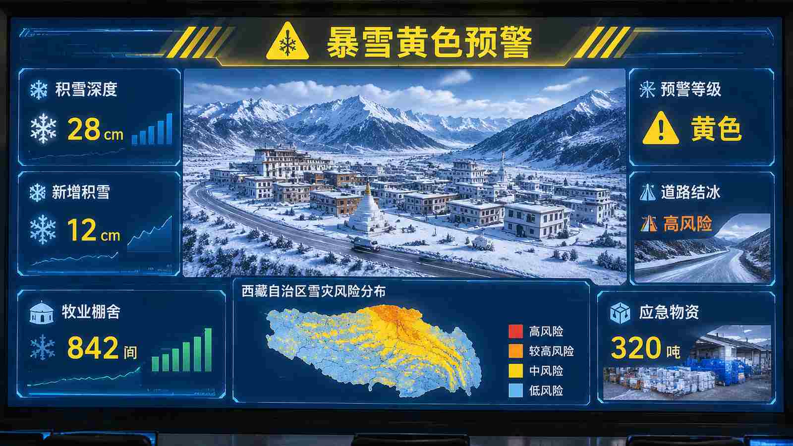 暴雪防范行业可视化大屏示意图，含三维模型与大屏标题、指标文字，为概念示意，不代表真实软件界面或真实数据