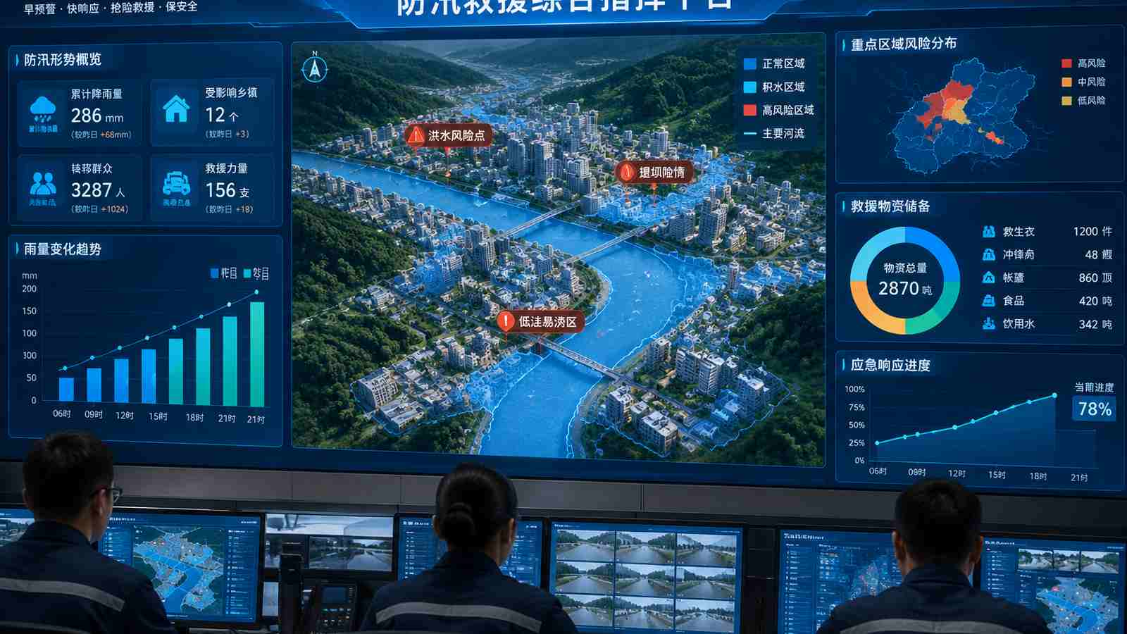 防汛救援行业可视化大屏示意图，含三维模型与大屏标题、指标文字，为概念示意，不代表真实软件界面或真实数据