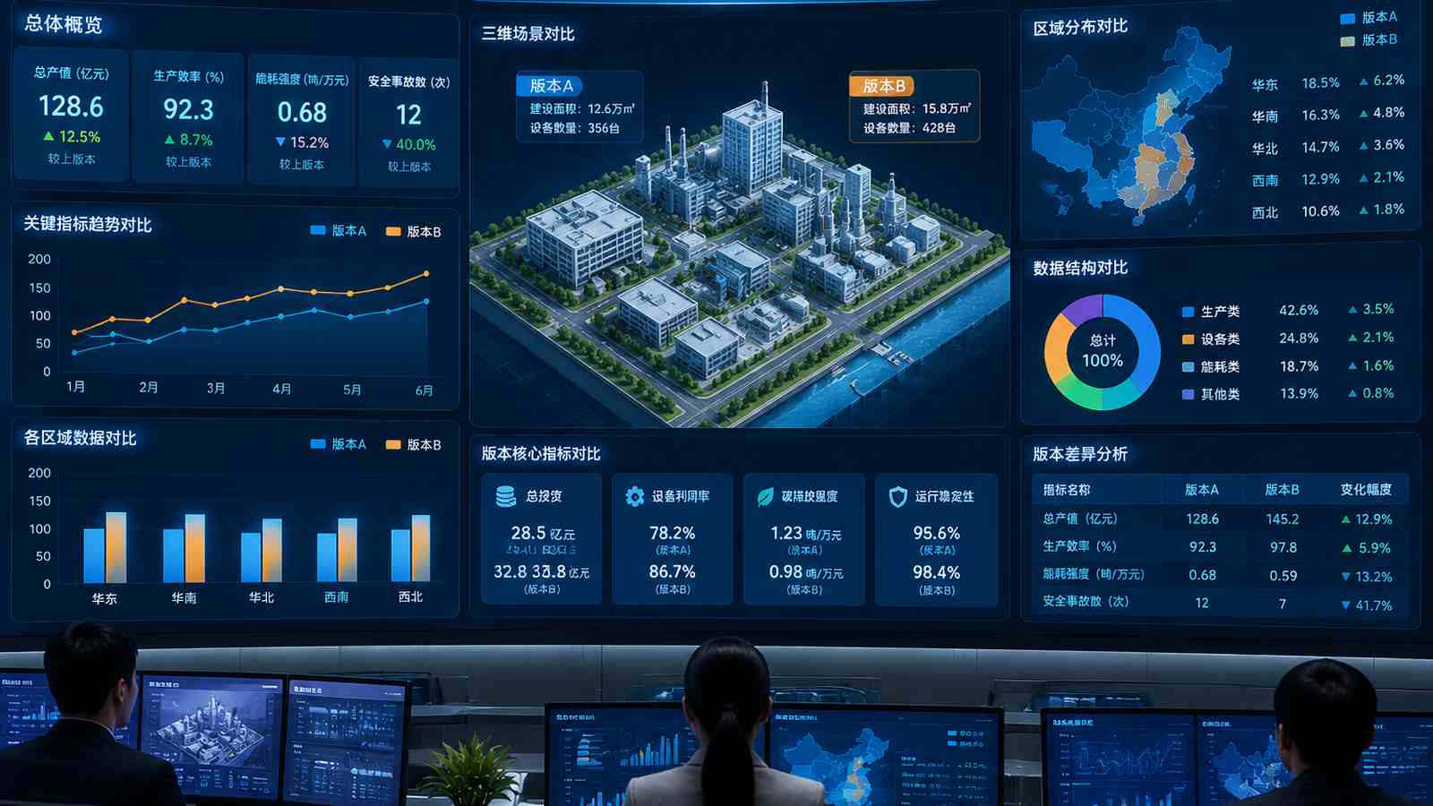 版本对比行业可视化大屏示意图，含三维模型与大屏标题、指标文字，为概念示意，不代表真实软件界面或真实数据