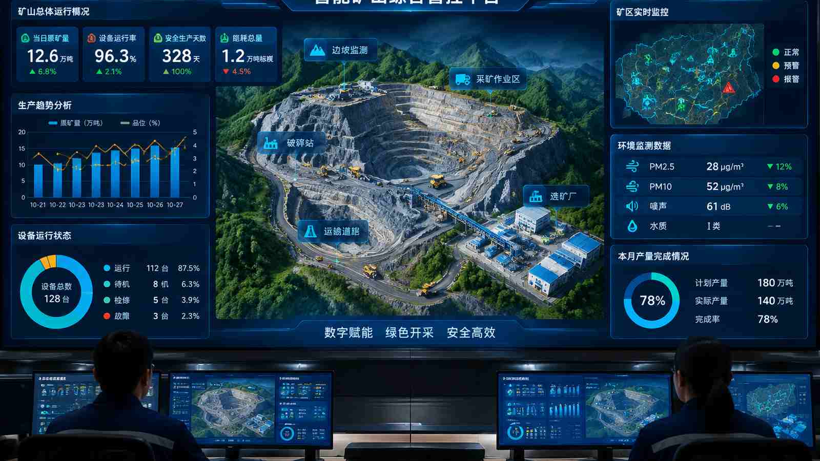 智能矿山行业可视化大屏示意图，含三维模型与大屏标题、指标文字，为概念示意，不代表真实软件界面或真实数据