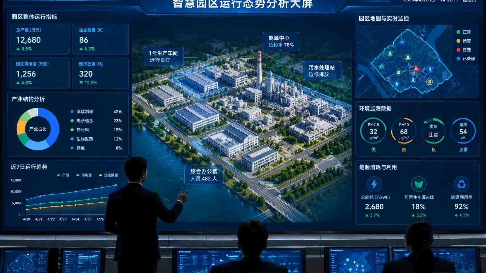 答辩展示行业可视化大屏示意图，含三维模型与大屏标题、指标文字，为概念示意，不代表真实软件界面或真实数据