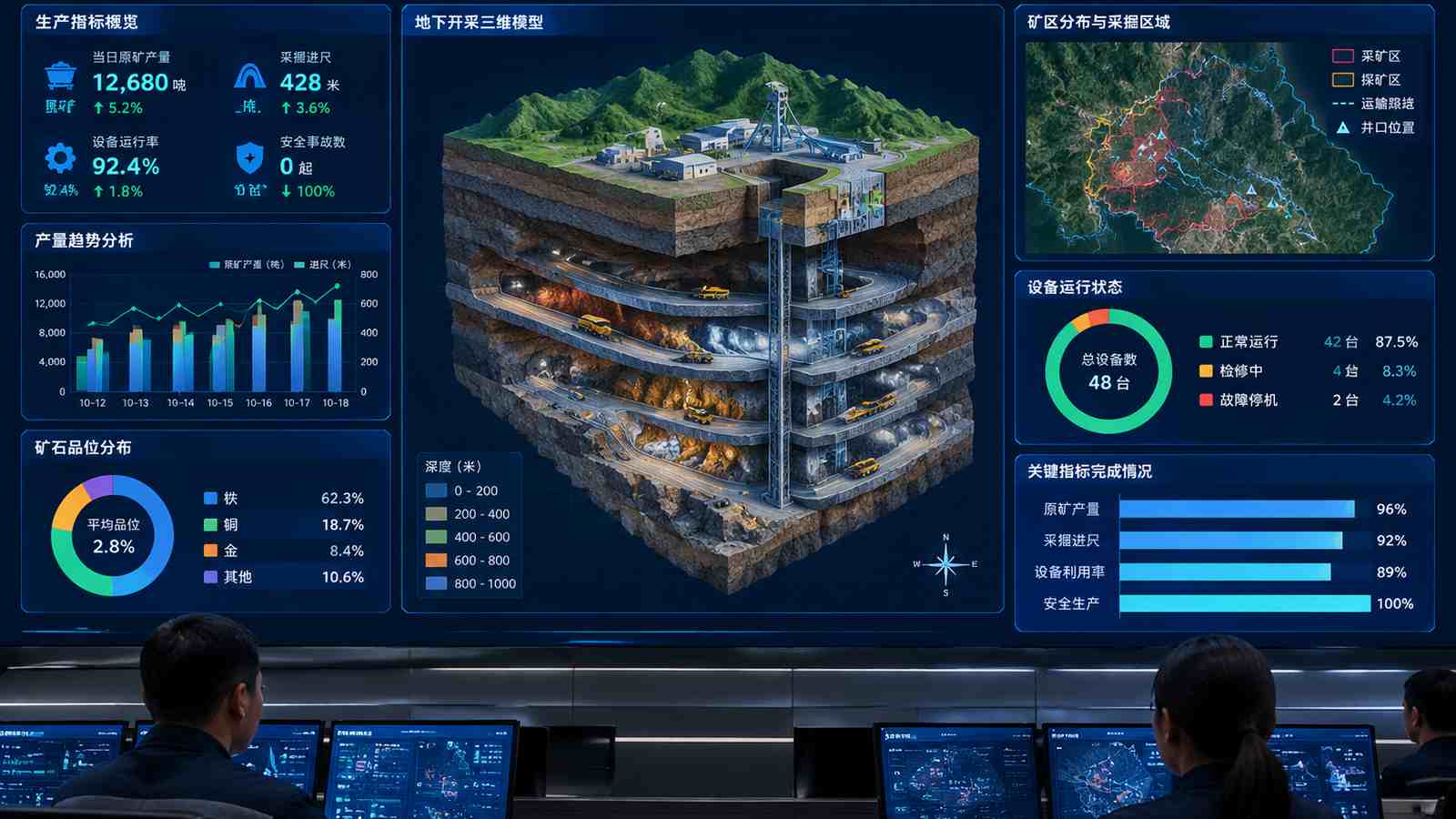 井下开采行业可视化大屏示意图，含三维模型与大屏标题、指标文字，为概念示意，不代表真实软件界面或真实数据