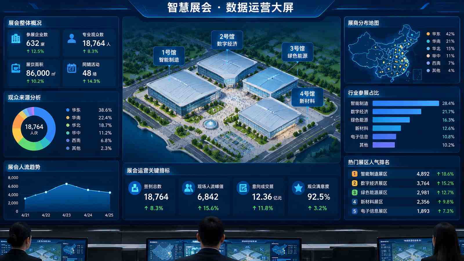 智慧展会行业可视化大屏示意图，含大屏标题与指标文字，为概念示意，不代表真实软件界面或真实数据