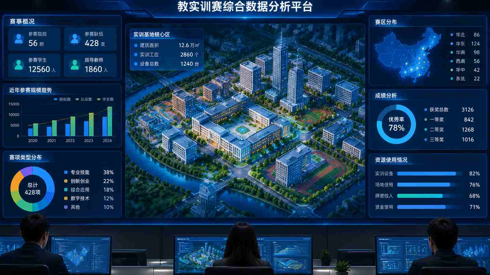 教实训赛行业可视化大屏示意图，含三维模型与大屏标题、指标文字，为概念示意，不代表真实软件界面或真实数据