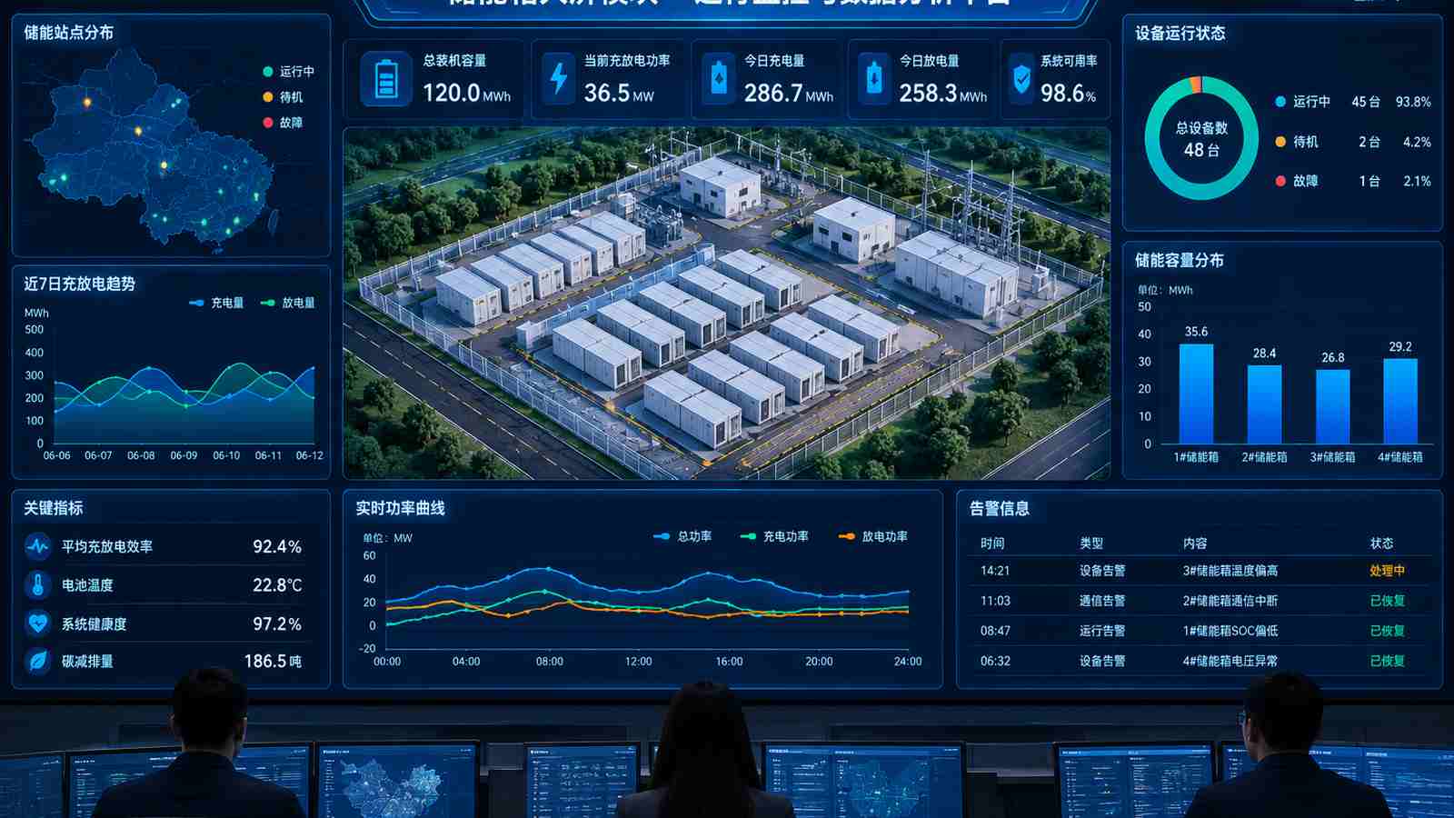 储能箱大屏模块行业可视化大屏示意图，含三维模型与大屏标题、指标文字，为概念示意，不代表真实软件界面或真实数据