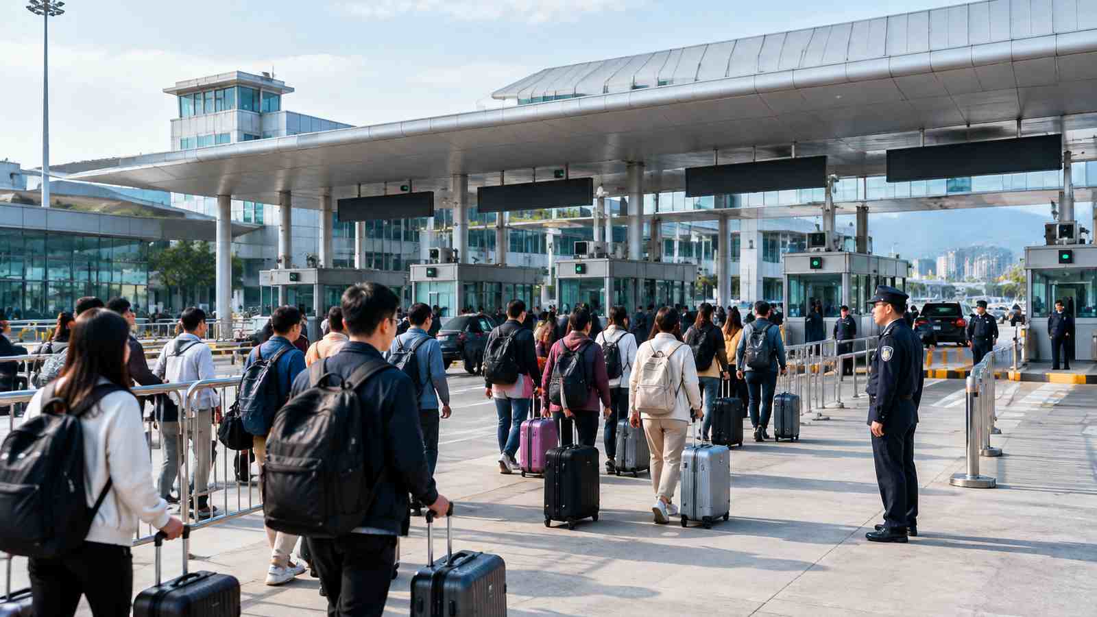 口岸通关客流业务现场的横向纪实构图，用于交代数据来源环境