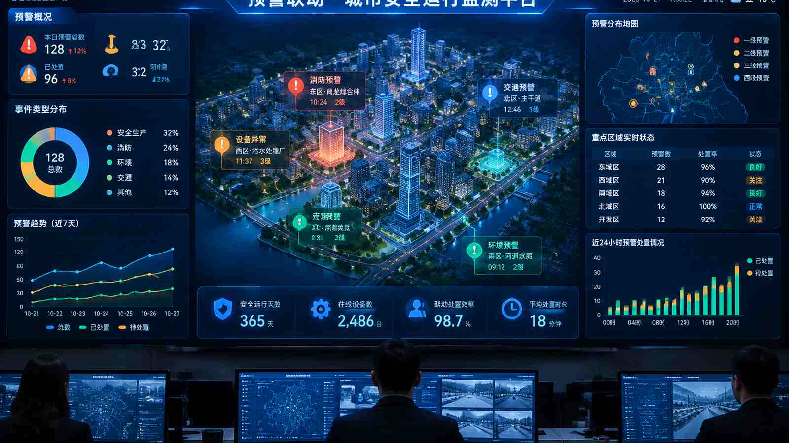 预警联动行业可视化大屏示意图，含三维模型与大屏标题、指标文字，为概念示意，不代表真实软件界面或真实数据