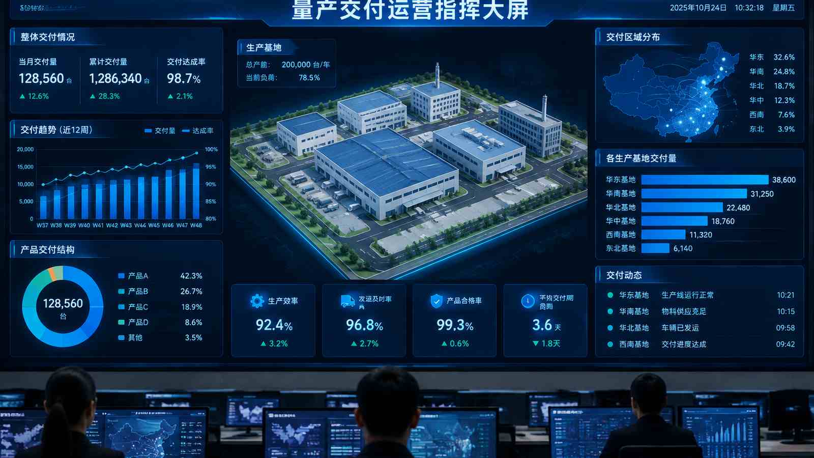 量产交付行业可视化大屏示意图，含三维模型与大屏标题、指标文字，为概念示意，不代表真实软件界面或真实数据