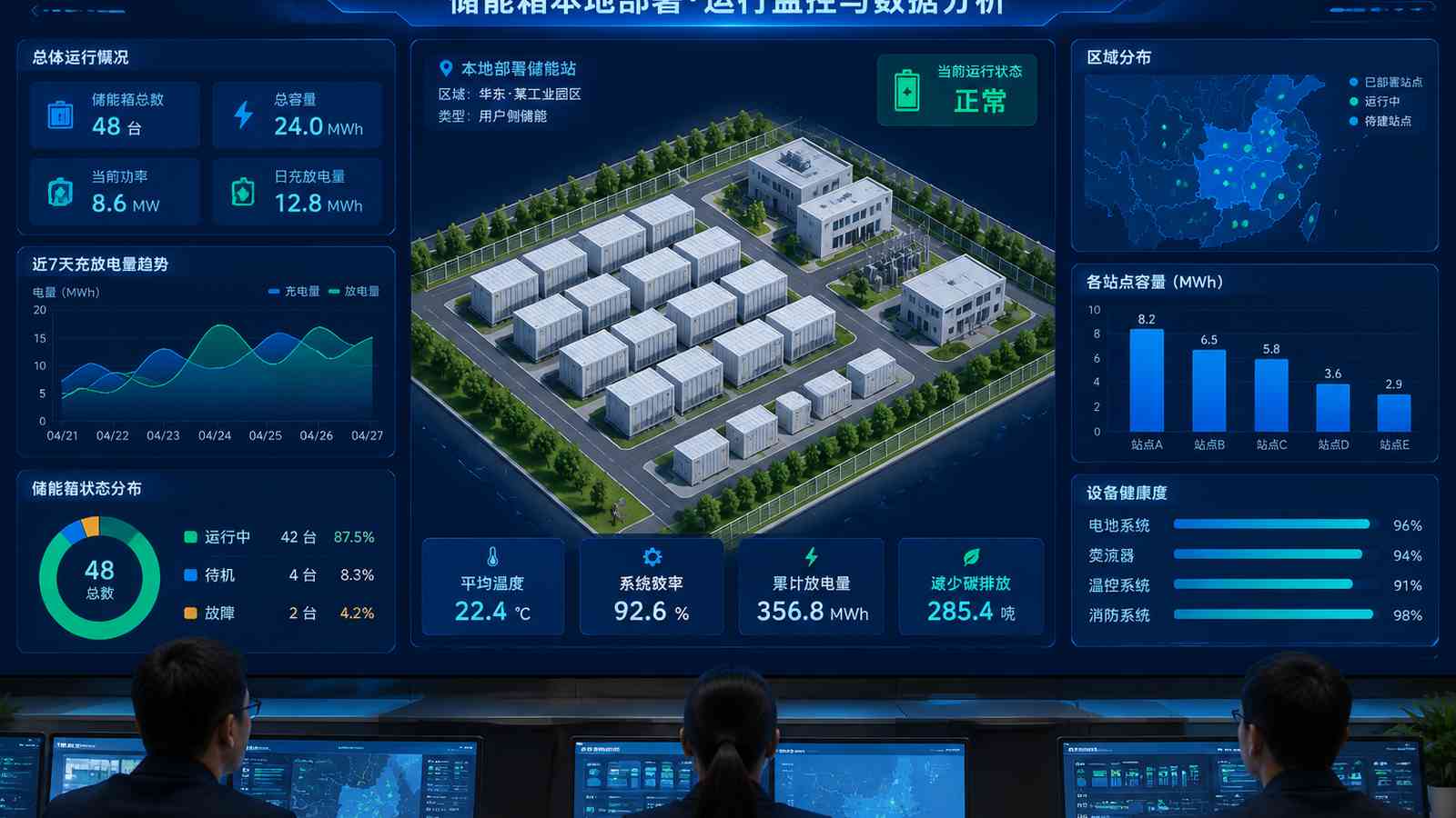储能箱本地部署行业可视化大屏示意图，含三维模型与大屏标题、指标文字，为概念示意，不代表真实软件界面或真实数据