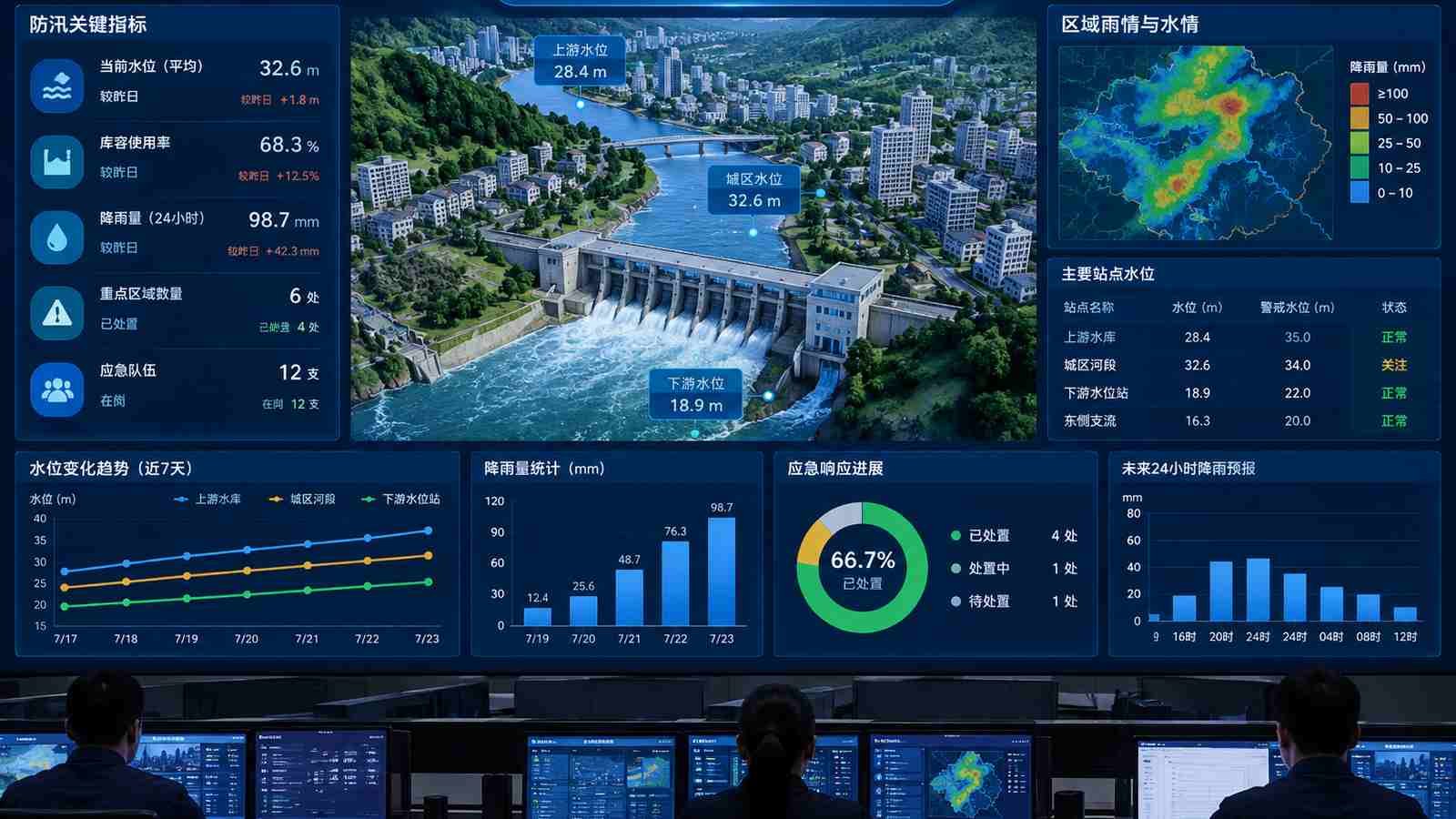 防汛调度行业可视化大屏示意图，含大屏标题与指标文字，为概念示意，不代表真实软件界面或真实数据