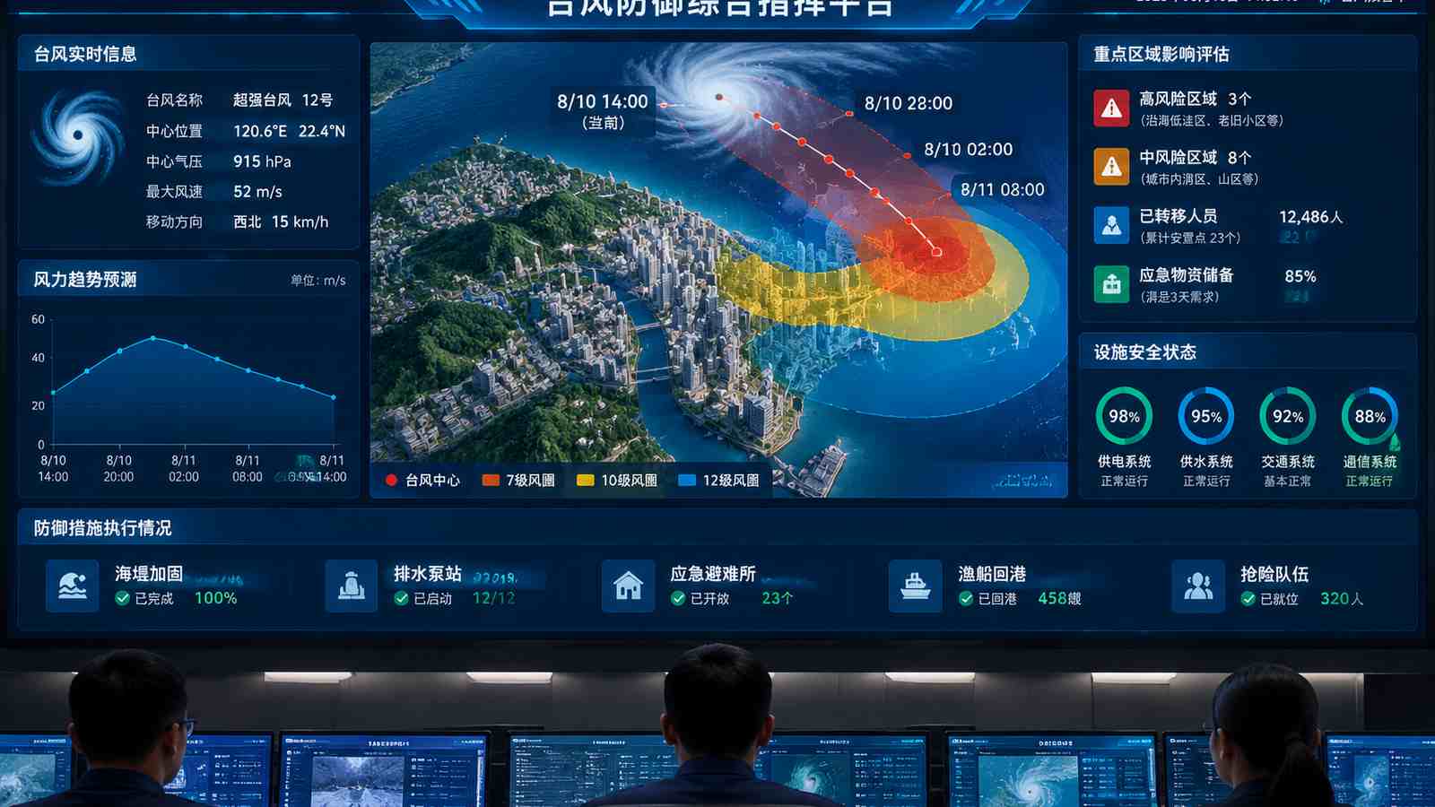 台风防御行业可视化大屏示意图，含三维模型与大屏标题、指标文字，为概念示意，不代表真实软件界面或真实数据