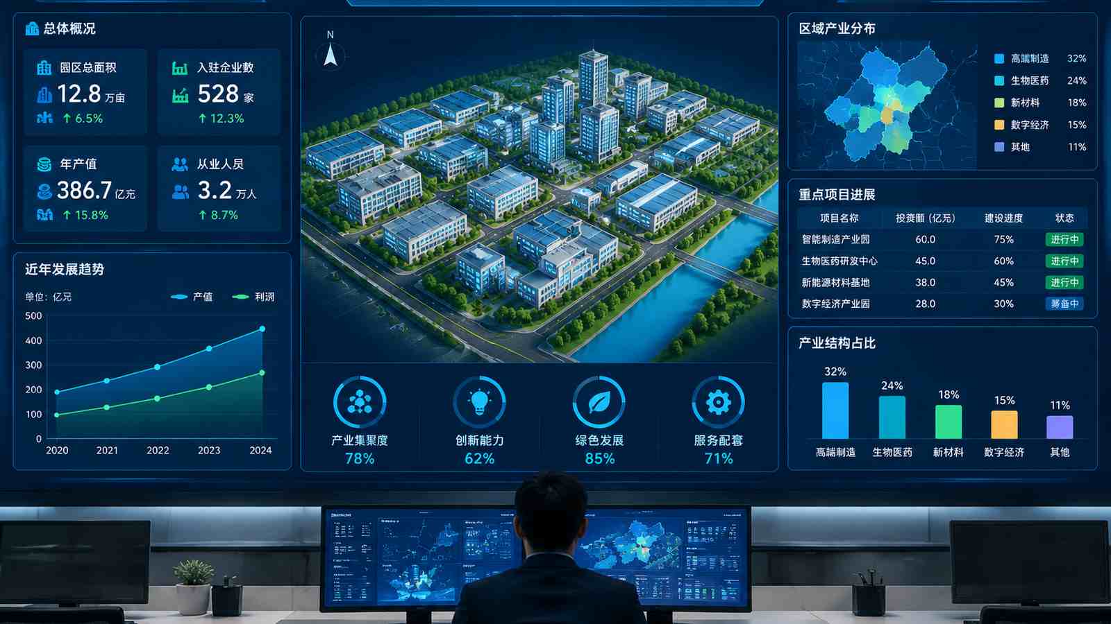 竞赛准备行业可视化大屏示意图，含三维模型与大屏标题、指标文字，为概念示意，不代表真实软件界面或真实数据