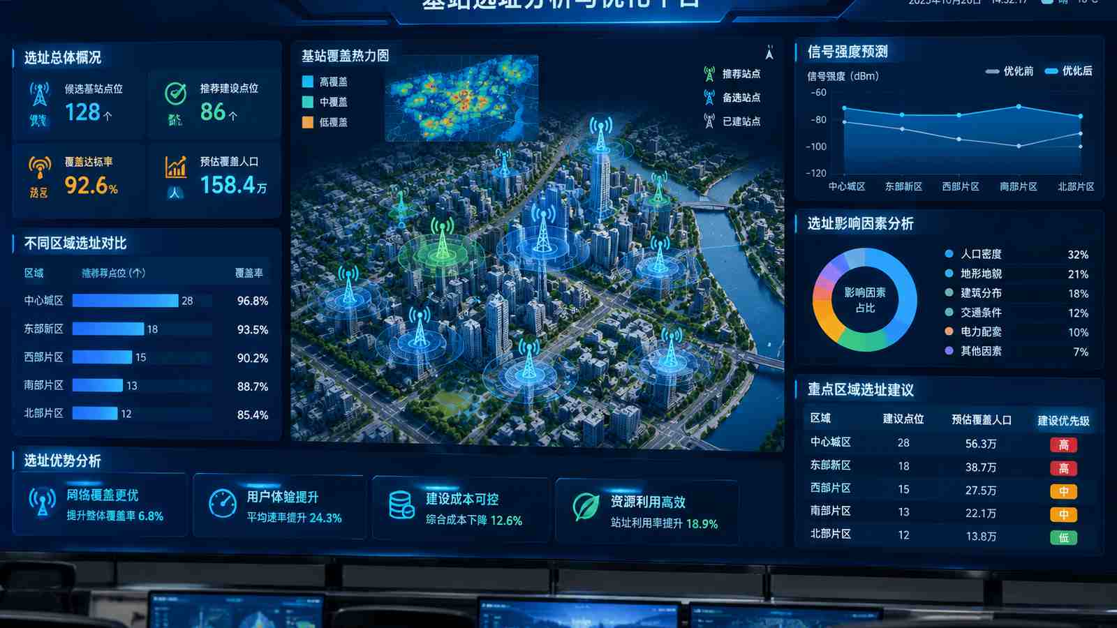 基站选址行业可视化大屏示意图，含三维模型与大屏标题、指标文字，为概念示意，不代表真实软件界面或真实数据