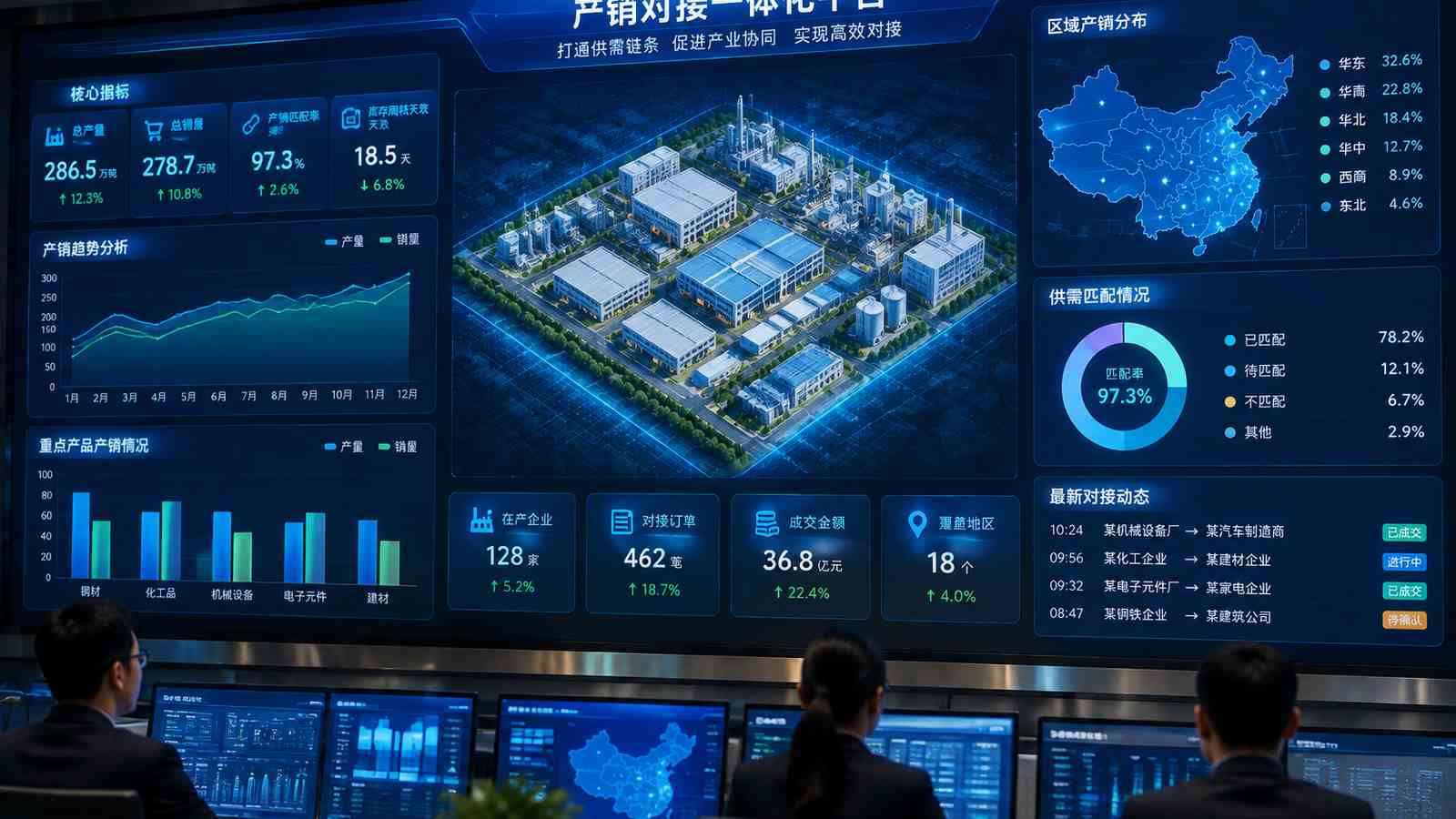 产销对接行业可视化大屏示意图，含三维模型与大屏标题、指标文字，为概念示意，不代表真实软件界面或真实数据