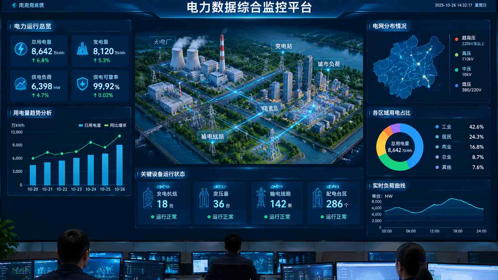 电力数据行业可视化大屏示意图，含三维模型与大屏标题、指标文字，为概念示意，不代表真实软件界面或真实数据