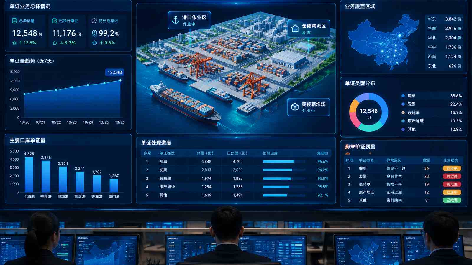 货物单证行业可视化大屏示意图，含三维模型与大屏标题、指标文字，为概念示意，不代表真实软件界面或真实数据