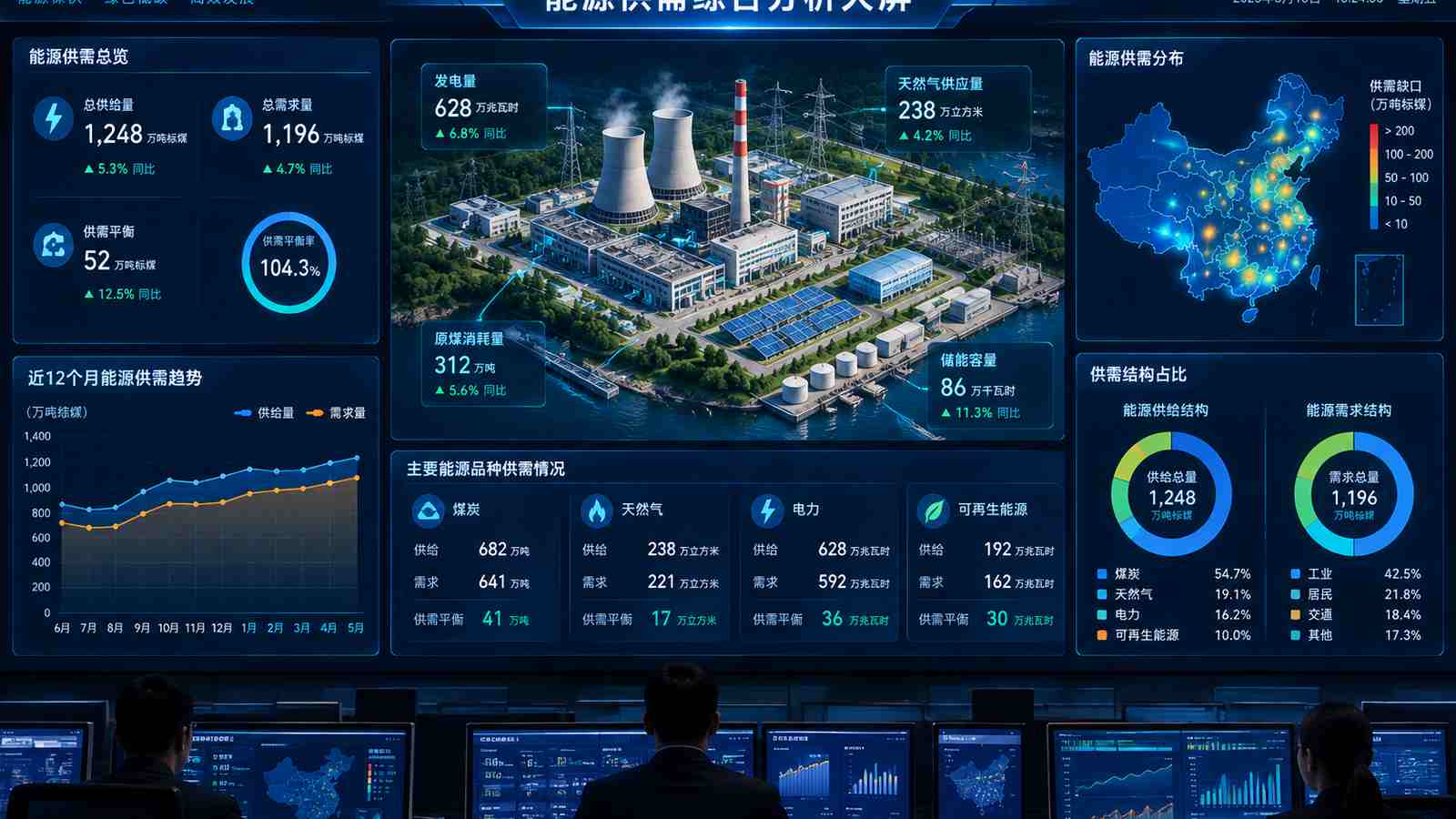 能源供需行业可视化大屏示意图，含大屏标题与指标文字，为概念示意，不代表真实软件界面或真实数据