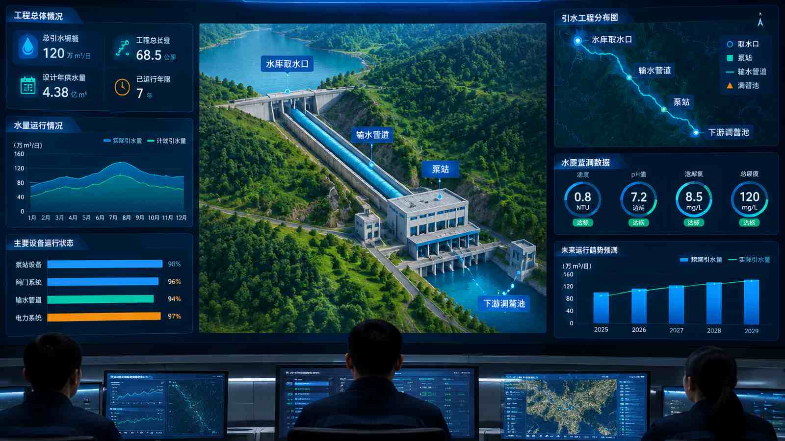 引水工程行业可视化大屏示意图，含三维模型与大屏标题、指标文字，为概念示意，不代表真实软件界面或真实数据