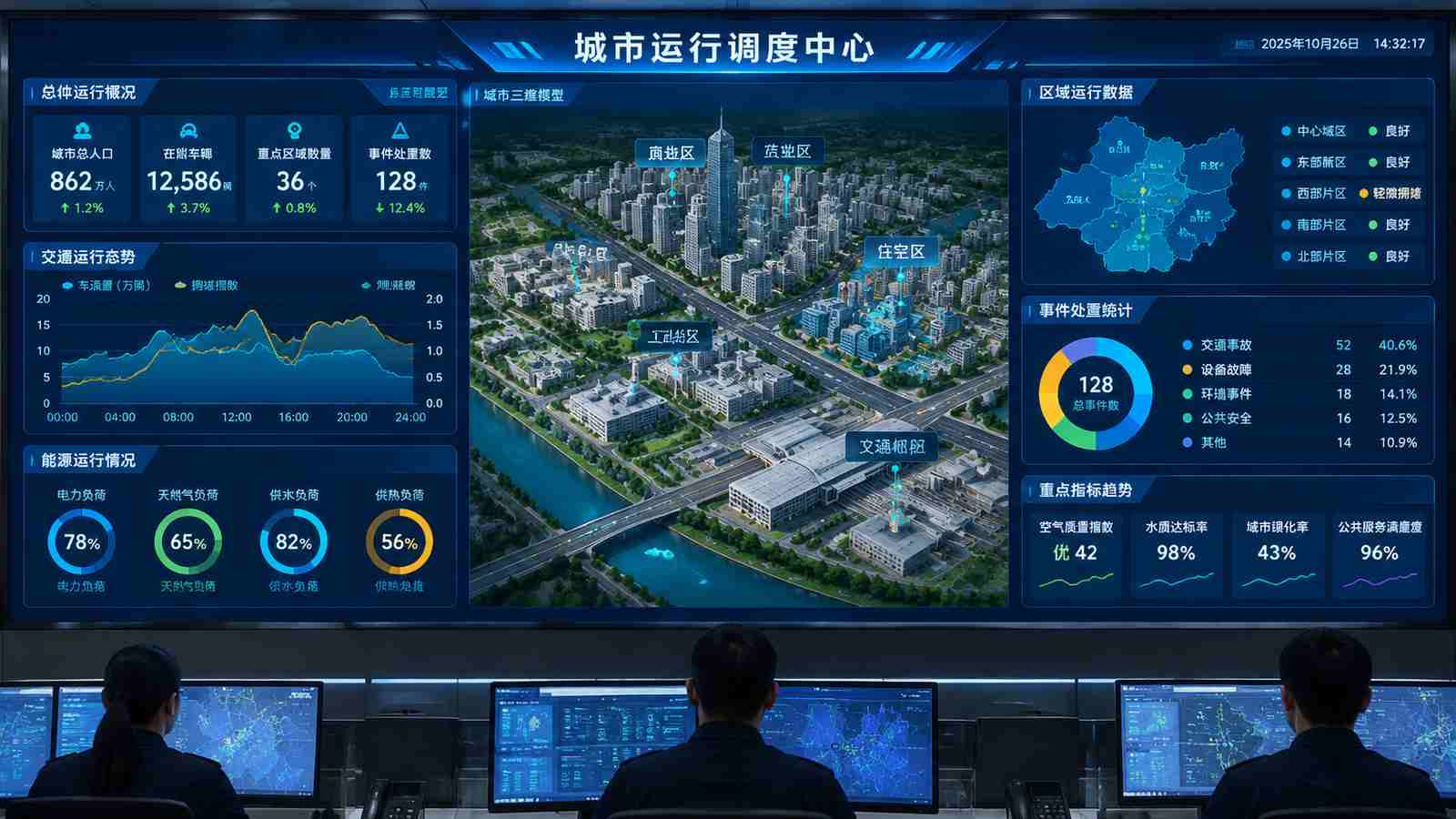调度中心行业可视化大屏示意图，含三维模型与大屏标题、指标文字，为概念示意，不代表真实软件界面或真实数据