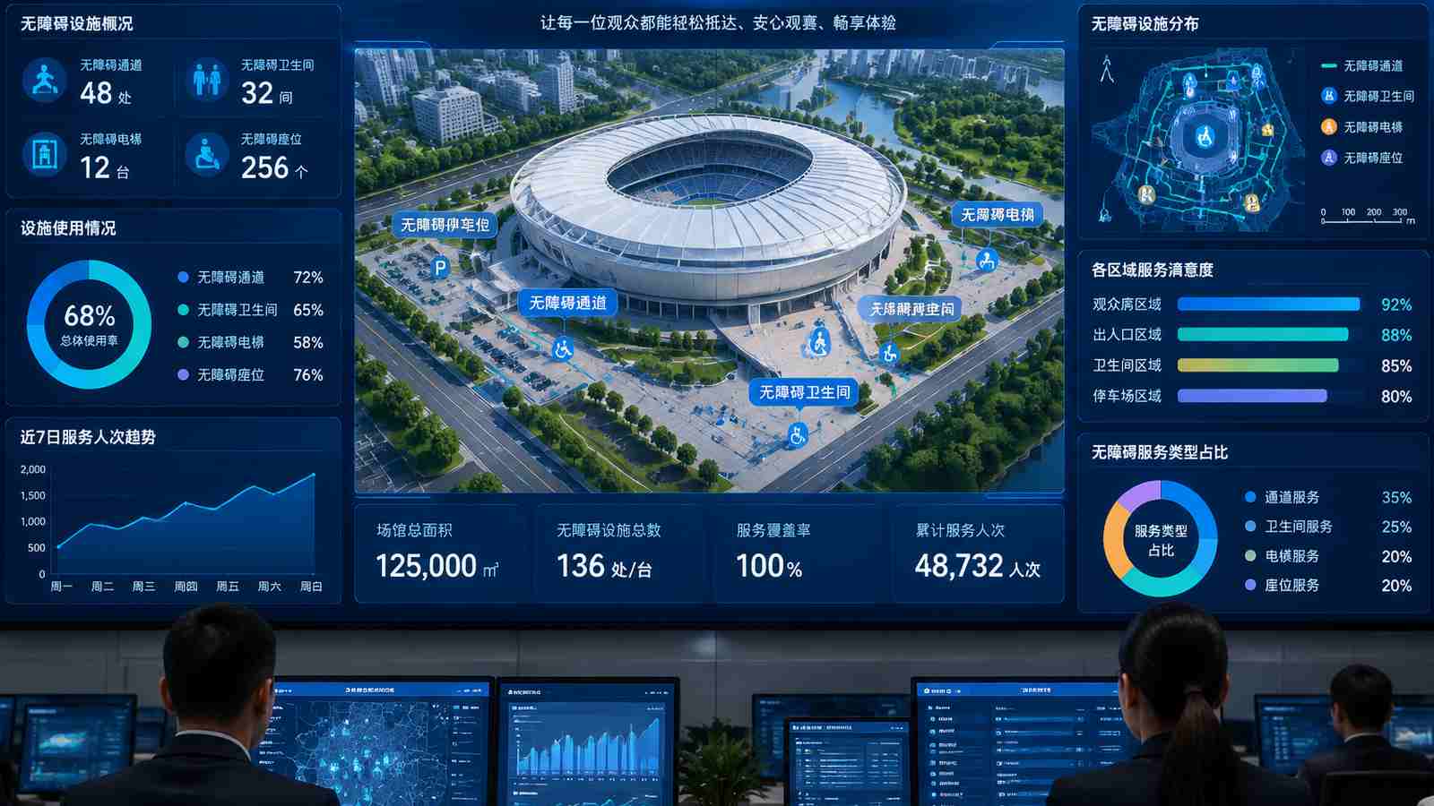 无障碍场馆行业可视化大屏示意图，含三维模型与大屏标题、指标文字，为概念示意，不代表真实软件界面或真实数据