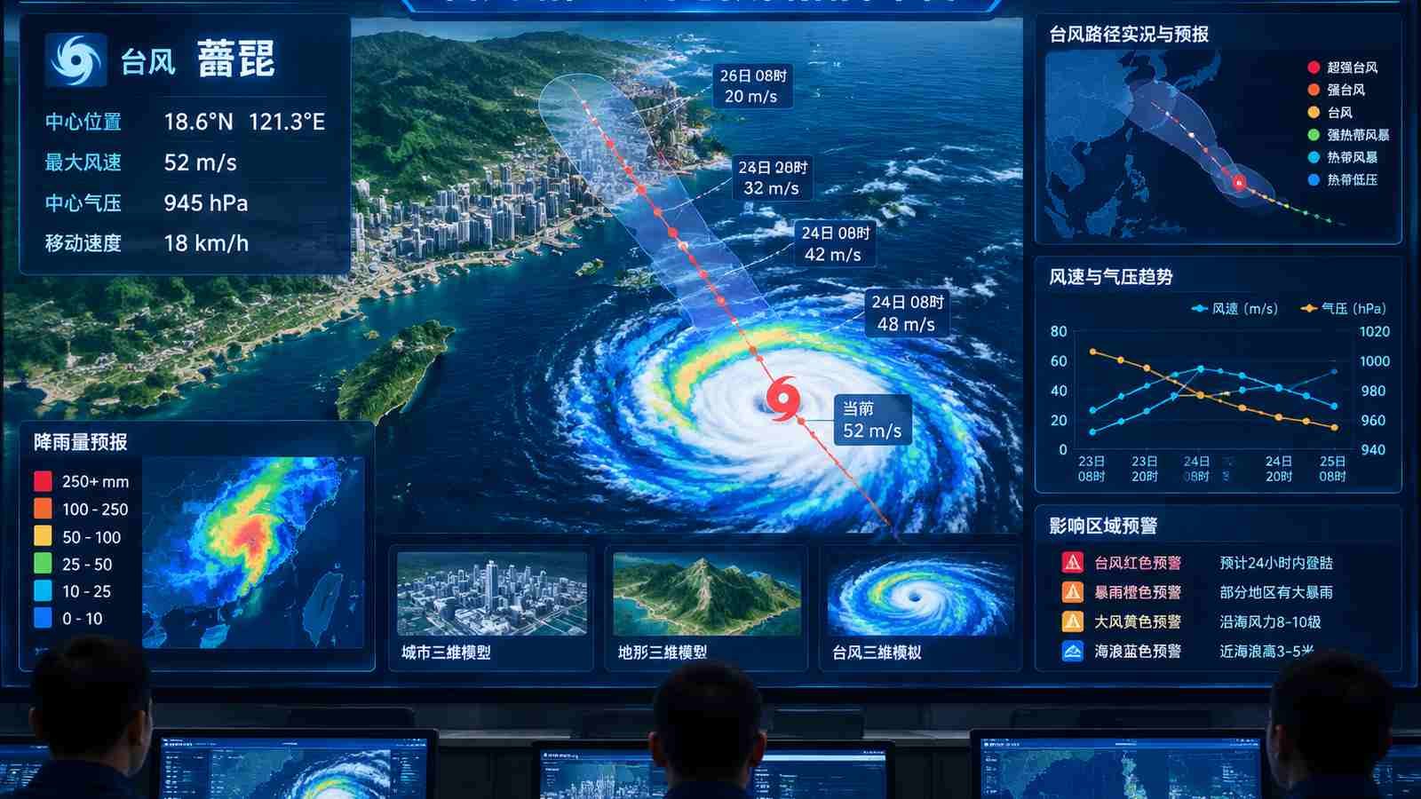 台风路径监测行业可视化大屏示意图，含大屏标题与指标文字，为概念示意，不代表真实软件界面或真实数据