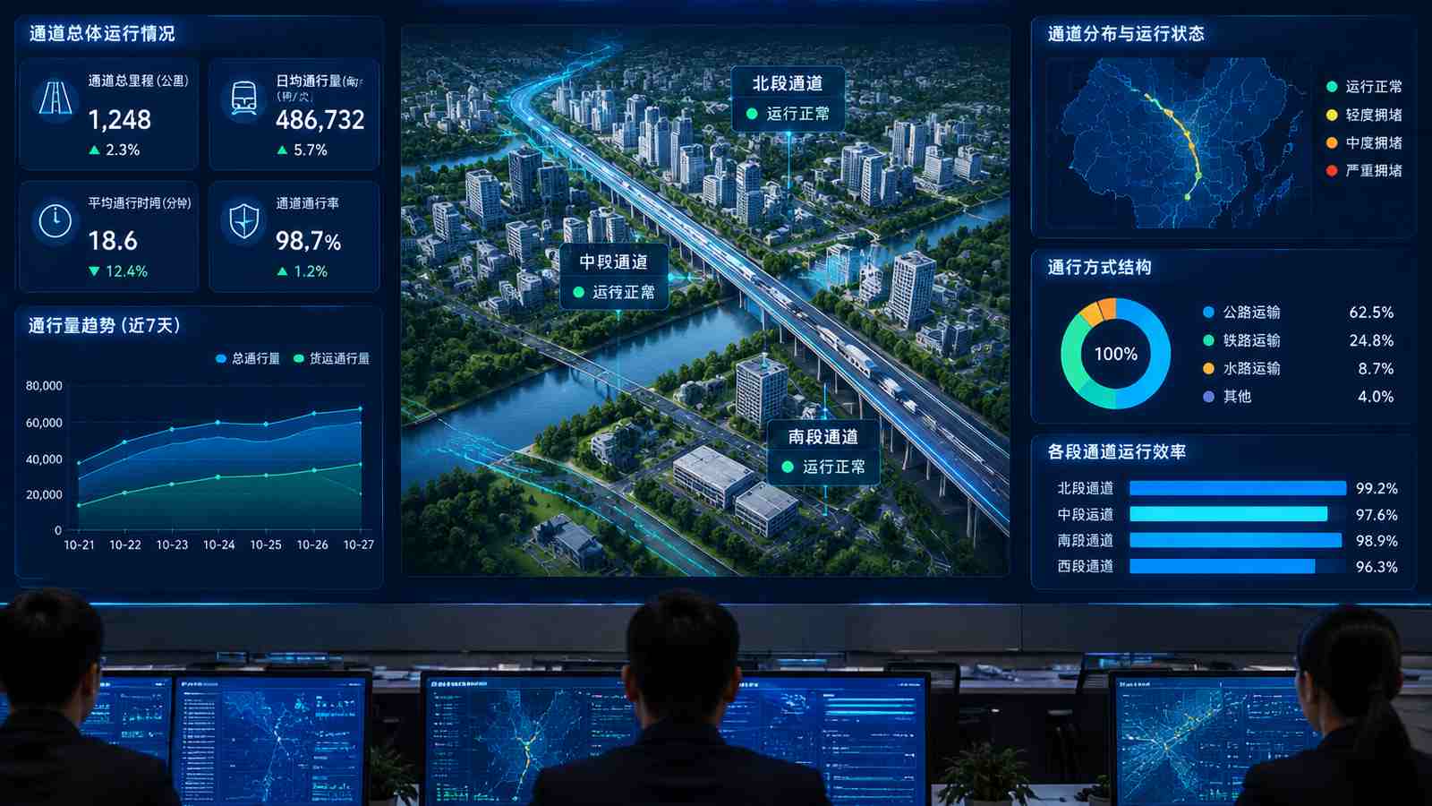 通道运行行业可视化大屏示意图，含三维模型与大屏标题、指标文字，为概念示意，不代表真实软件界面或真实数据