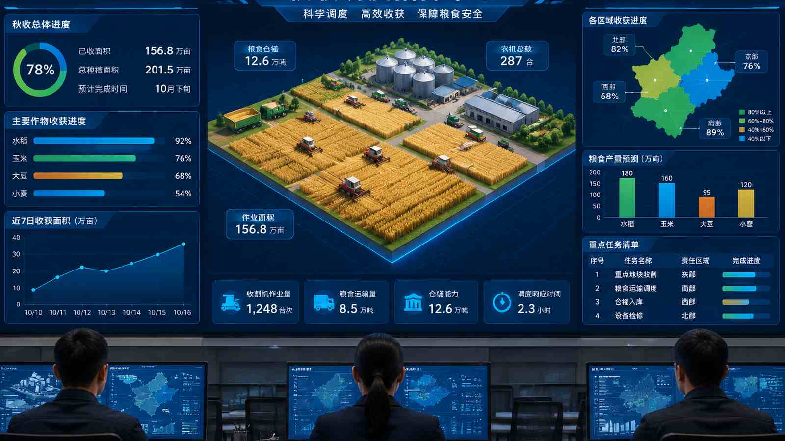 秋收调度行业可视化大屏示意图，含三维模型与大屏标题、指标文字，为概念示意，不代表真实软件界面或真实数据