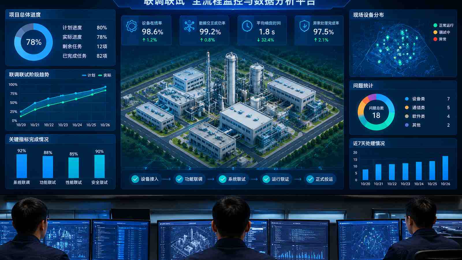 联调联试行业可视化大屏示意图，含三维模型与大屏标题、指标文字，为概念示意，不代表真实软件界面或真实数据
