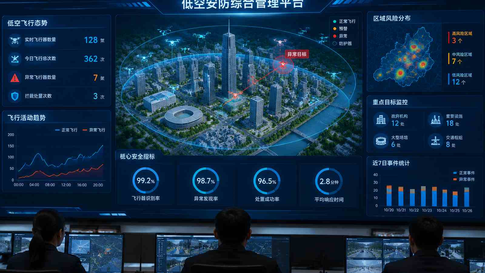 低空安防行业可视化大屏示意图，含三维模型与大屏标题、指标文字，为概念示意，不代表真实软件界面或真实数据