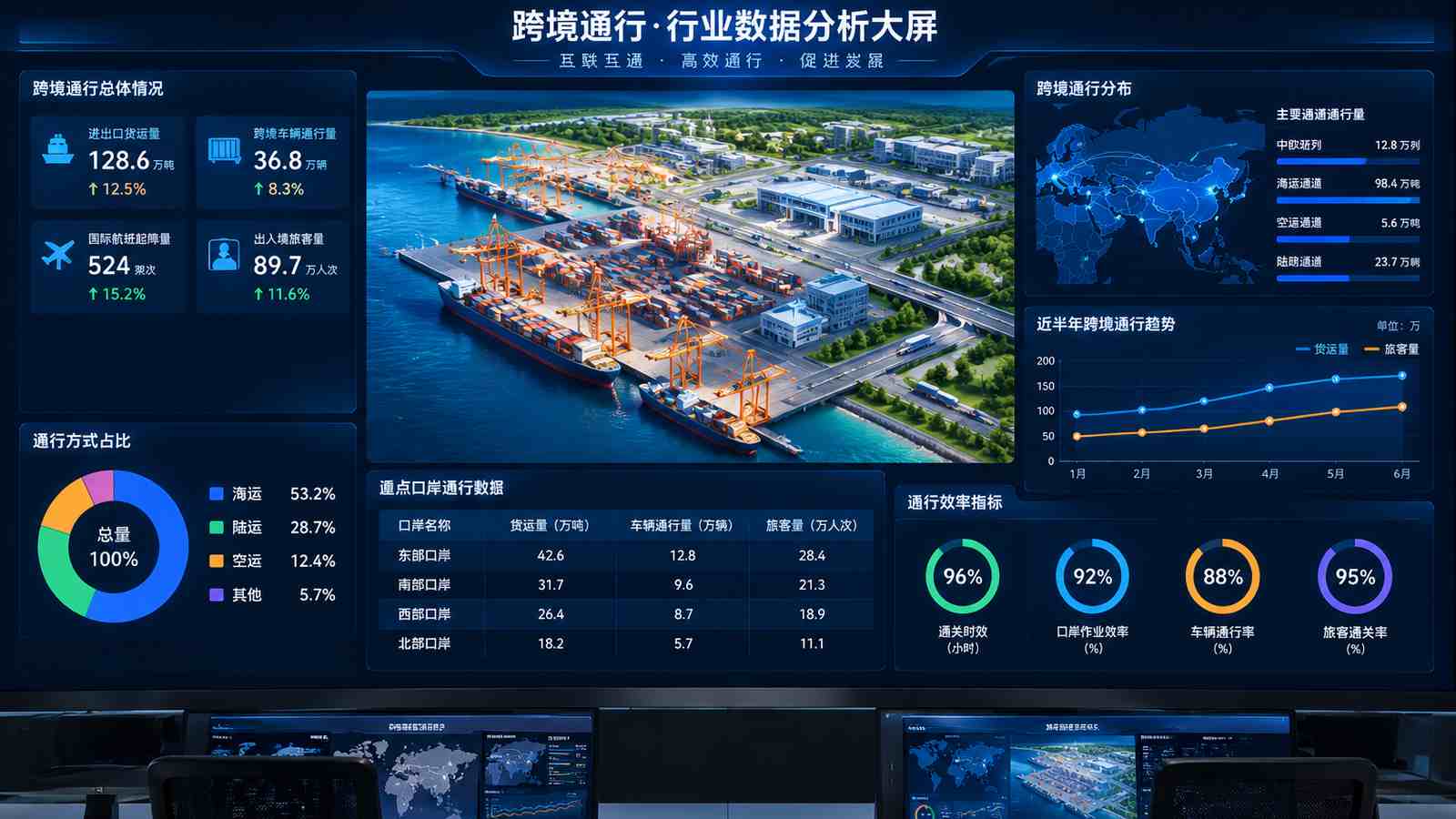 跨境通行行业可视化大屏示意图，含大屏标题与指标文字，为概念示意，不代表真实软件界面或真实数据