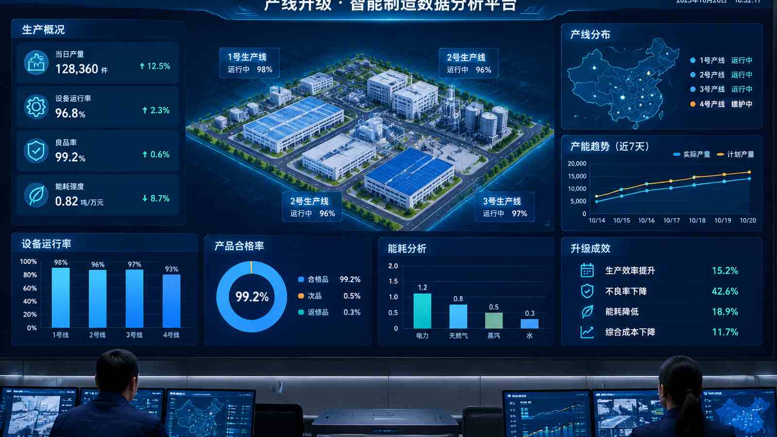 产线升级行业可视化大屏示意图，含三维模型与大屏标题、指标文字，为概念示意，不代表真实软件界面或真实数据