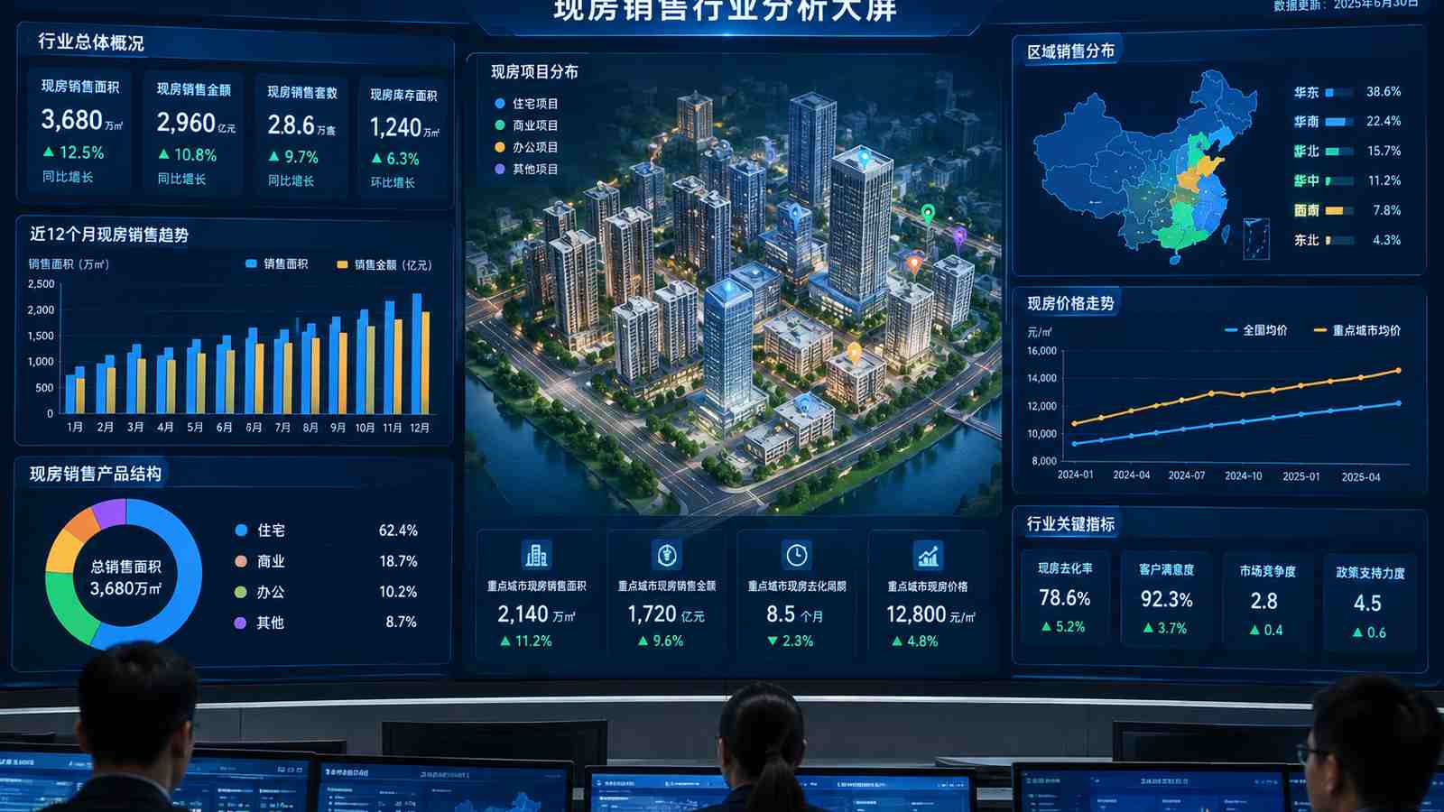 现房销售行业可视化大屏示意图，含大屏标题与指标文字，为概念示意，不代表真实软件界面或真实数据