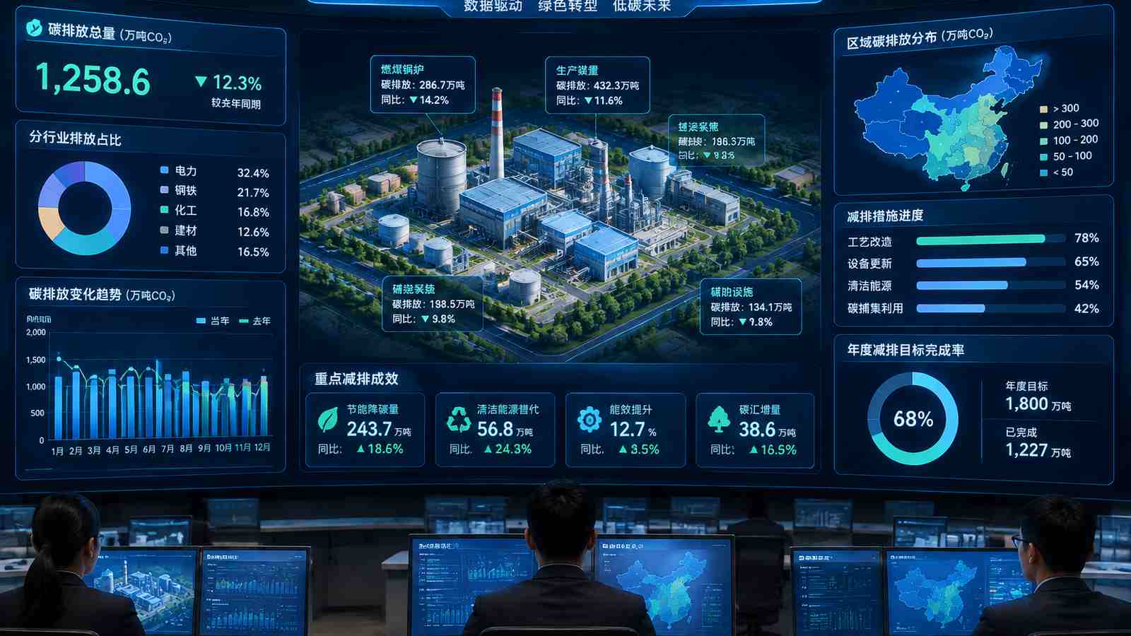 工业降碳行业可视化大屏示意图，含三维模型与大屏标题、指标文字，为概念示意，不代表真实软件界面或真实数据