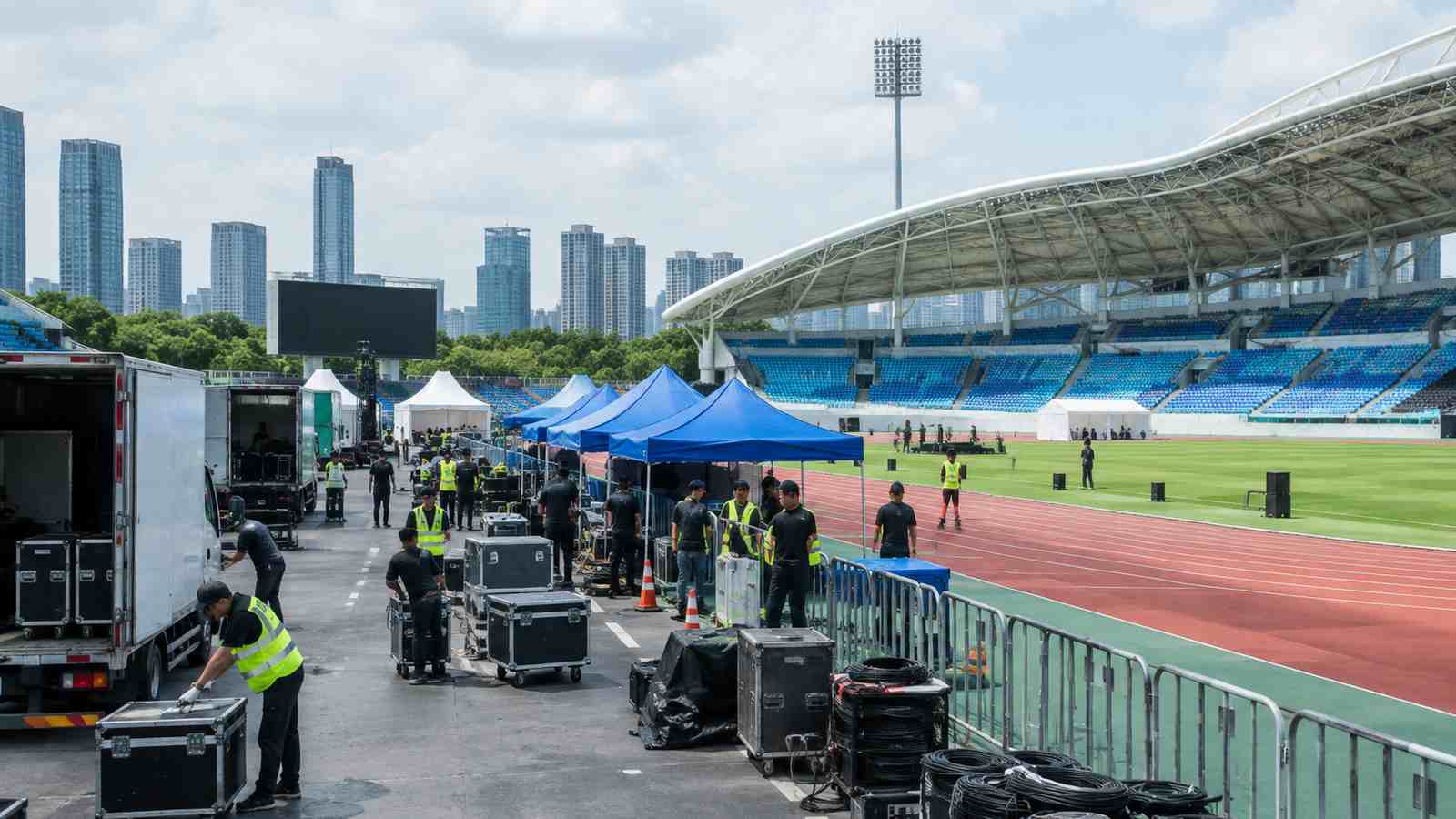 赛事保障业务现场的横向纪实构图，用于交代数据来源环境