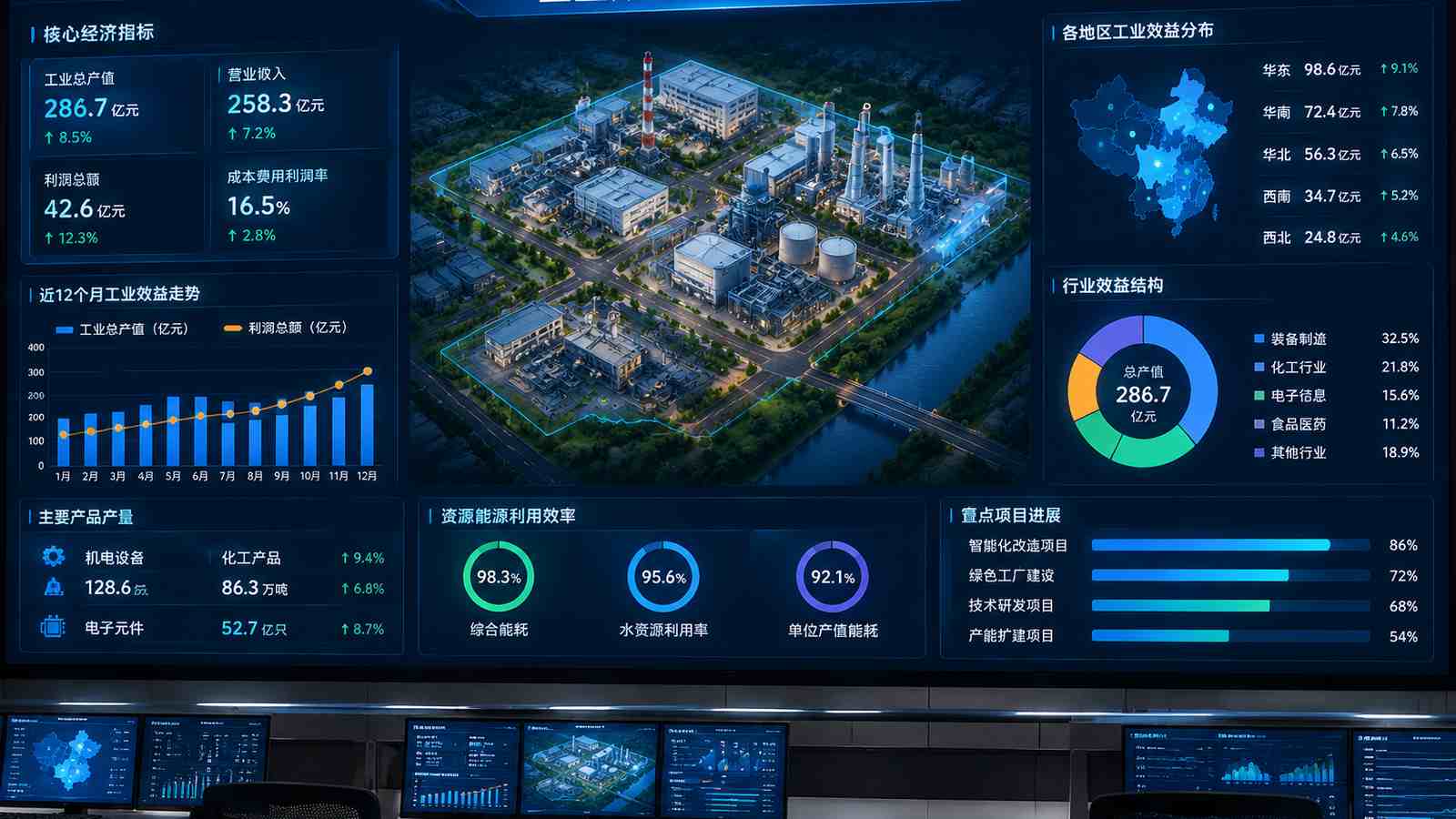 工业效益行业可视化大屏示意图，含三维模型与大屏标题、指标文字，为概念示意，不代表真实软件界面或真实数据